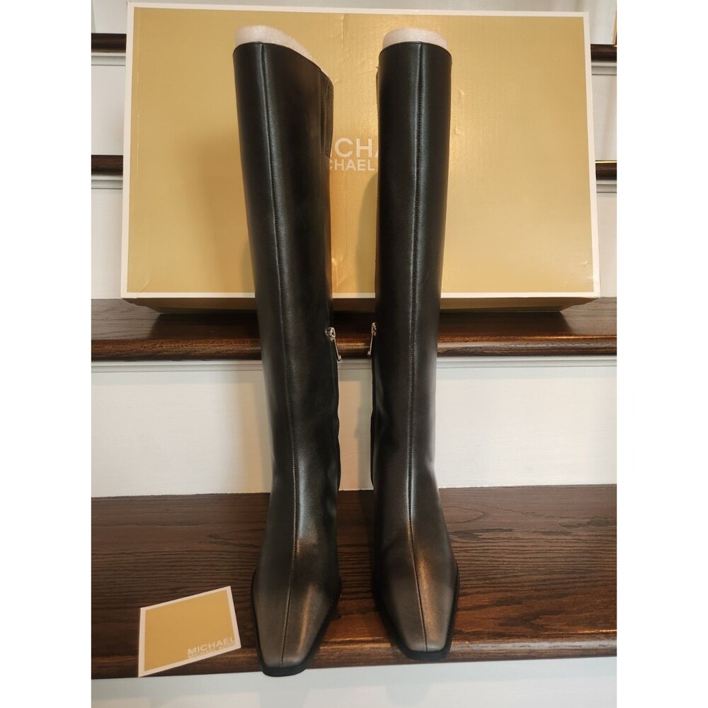 Michael Kors Darrah Burnished Leather Boots Storm Grey Black Knee High Heel - 7